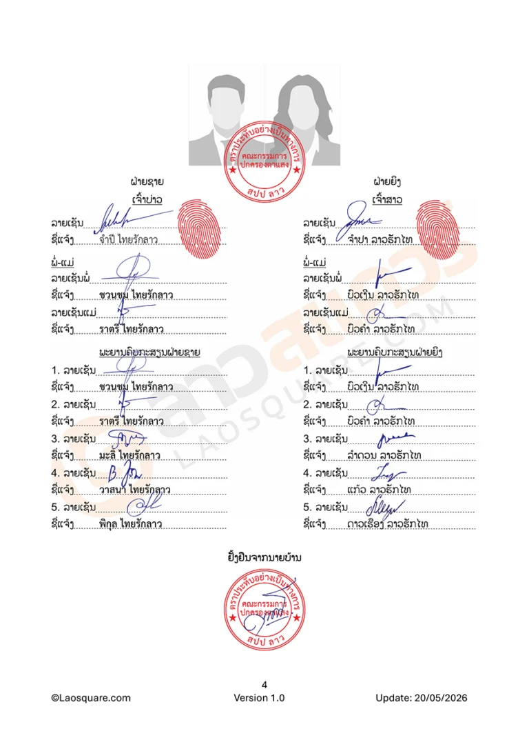 แบบฟอร์ม จดทะเบียนสมรสไทยลาว ปี 2006 ใบยั่งยืนการหมั้นหมายของคู่บ่าวสาว