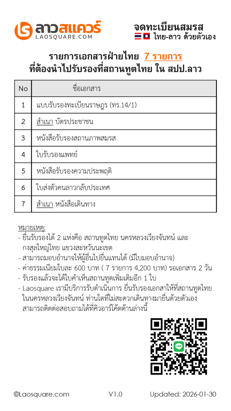 รายการเอกสารหลัก 7 อย่าง ที่ต้องยื่นรับรองสถานทูต สถานกงสุลไทย ในประเทศลาว